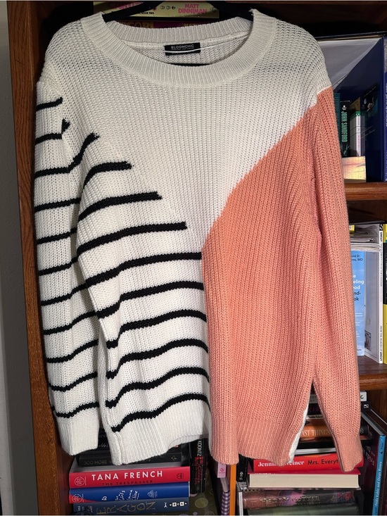 BloomChic Sweaters - BloomChic Peachy/Pink, White & Black Striped Colorblock Crew Sweater